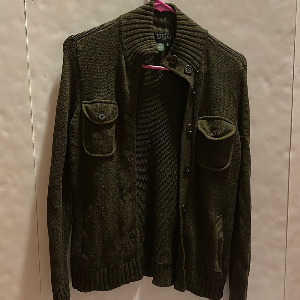 Lauren Ralph Lauren Petite Brown Elbow-Patch Cardigan Sweater button SP
